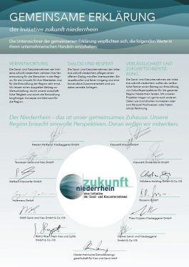 Gemeinsame Erklärung der Unternehmen von zukunft niederrhein als Bekenntnis zur Verantwortung gegenüber den Menschen und zum Umweltschutz in der Region.